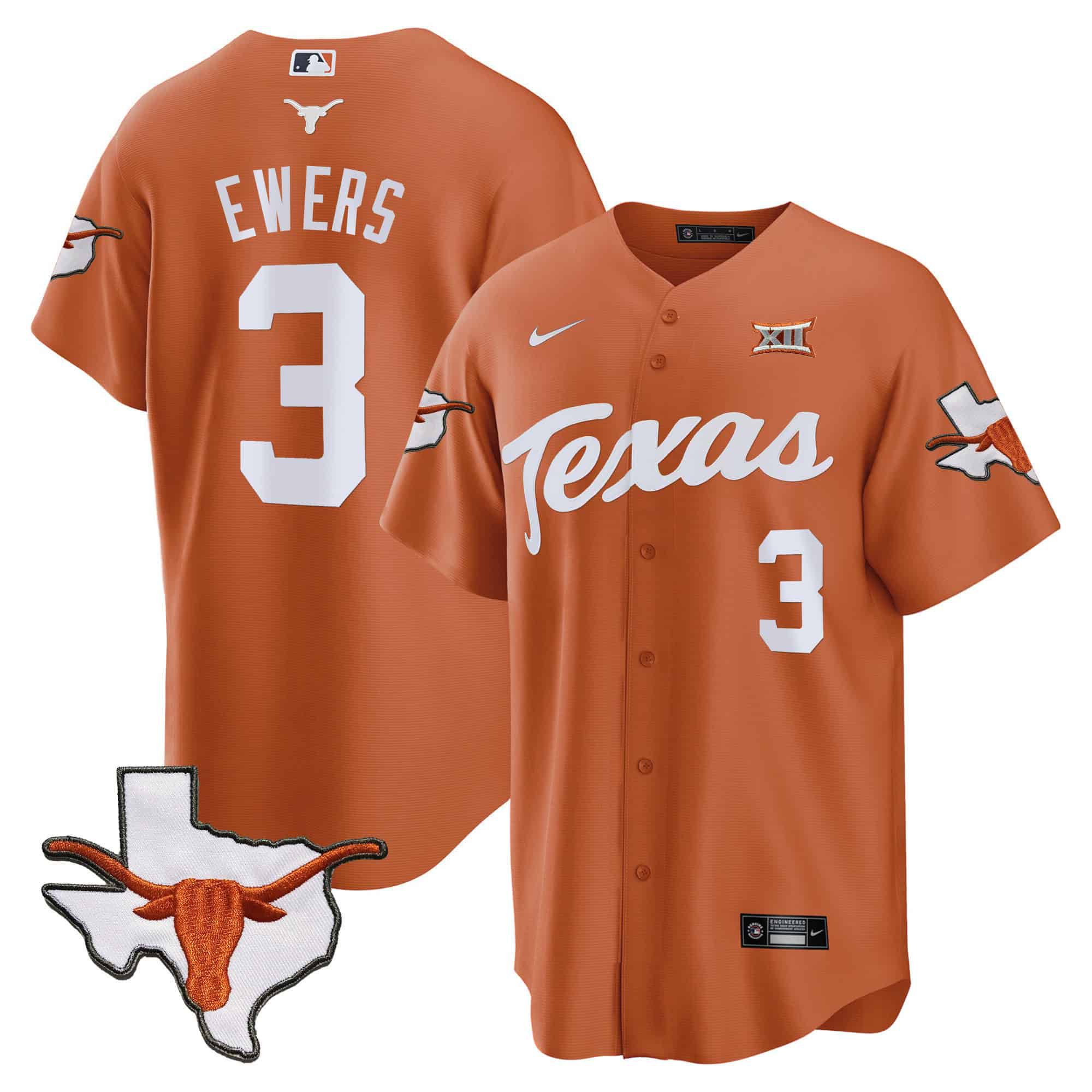 Men Texas Longhorns #3 Ewers Orange 2024 Baseball NCAA Jersey style 1